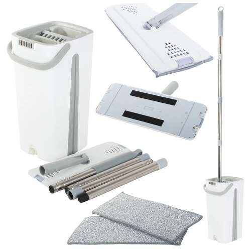 Zerlegter rotierender Flachwischer mit Auswringeimer und Mikrofaserpads