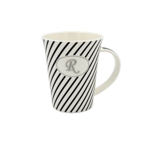 Elegant porcelain mug with black and white stripes and letter R