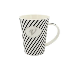 Porcelain mug with black and white stripes and letter V - Serving