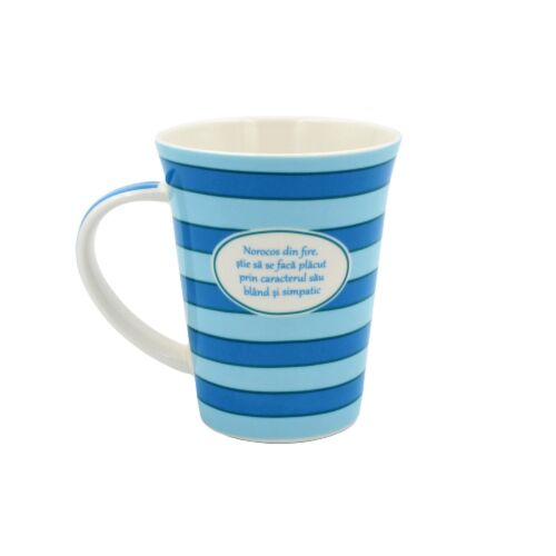 Blue striped mug with Romanian text