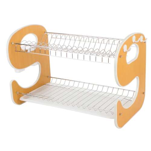 Double-tier dish drying rack with cutlery holder, wood and chrome finish