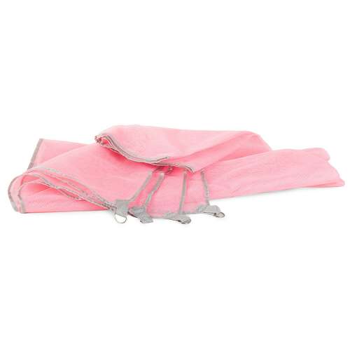 Pink sand-free beach blanket folded in half with metal loops visible