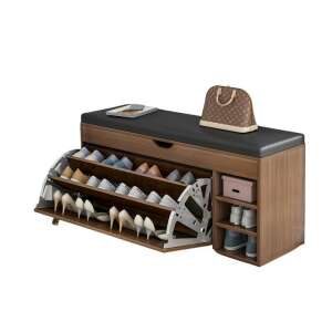 Shoe storage bench with shoe rack, storage compartment, and padded seat, brown wood finish - Furniture