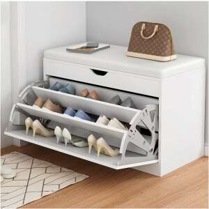 White shoe storage bench with cushioned seat, 3 shelves, and a drawer, perfect for organizing your shoes and keeping your entryway tidy - Furniture