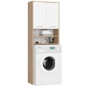 Oak and white bathroom cabinet with shelves for washing machine, 64x30x180 cm - Bathroom cabinet
