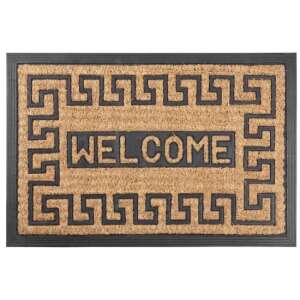 Welcome doormat with black rubber backing and coir fibers, featuring the word "WELCOME" in raised letters and a geometric pattern. - Doormat