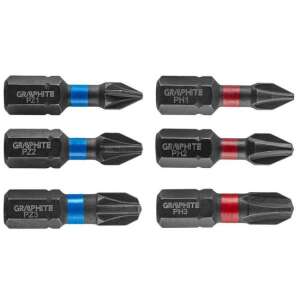 Ударен комплект, битове, удар, 6 бр, PH1, PH2, PH3, PZ1, PZ2, PZ3, 25 мм, графит