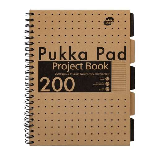 Pukka Pad Project Book, A4, 200 pages, lined, spiral bound, kraft cover, recycled paper, black tabs