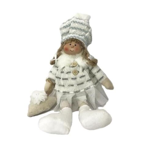 Artool Christmas Girl Doll Decoration - White and Grey, 22 cm. Festive holiday decor.