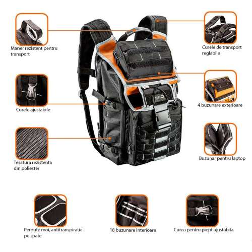 NEO tool backpack with 22 pockets, 30x23x46 cm, showing all features