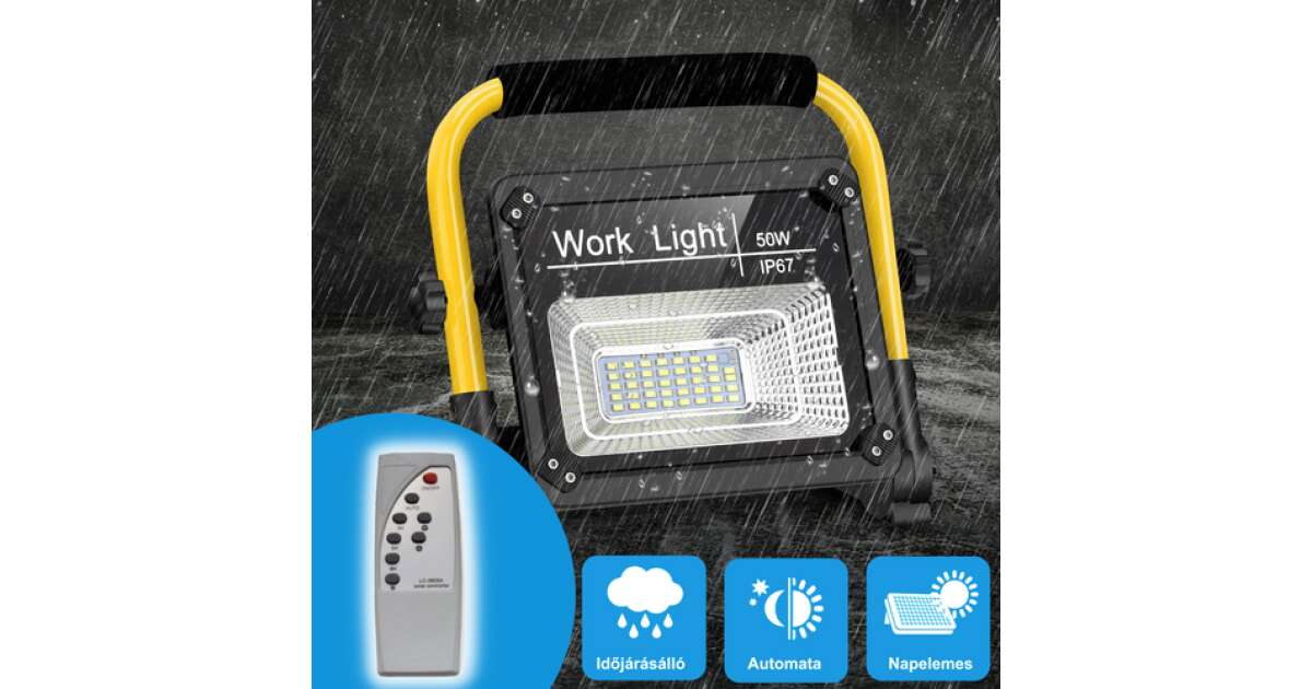 Napelemes hordozható LED reflektor 50W + távirányító + lapracsukható 61961844