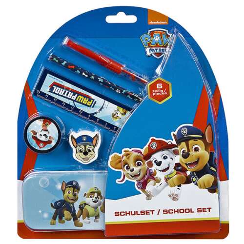 Mancs Őrjárat 6 részes iskolai szett fém tolltartóval, Chase, Marshall, Skye és Rubble karakterekkel