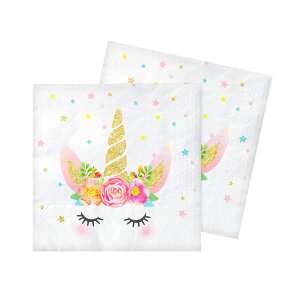 Șervețele unicorn, set de 20 de bucăți cu corn auriu și design floral - Șervețele