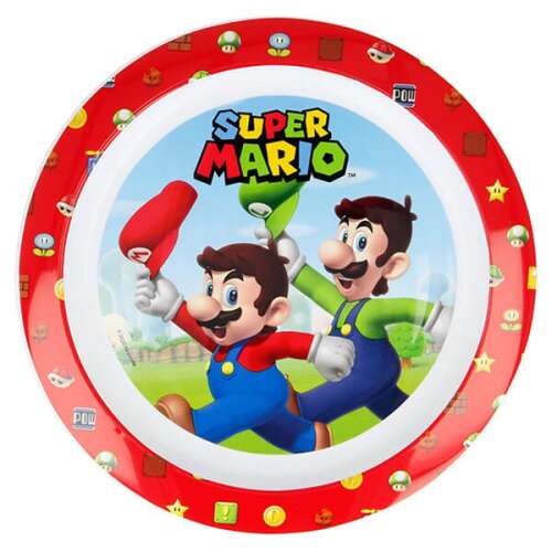 Super Mario karakteres gyerek tányér, piros, Super Mario karakterekkel és szimbólumokkal, mikrozható - Gyerek tányér