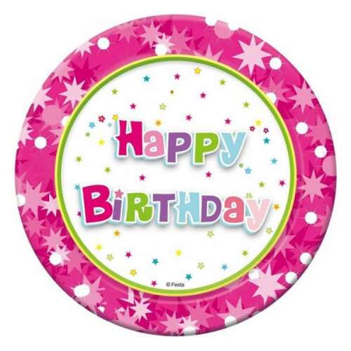 Happy Birthday party tányér - rózsaszín - 18 cm 6 darabos