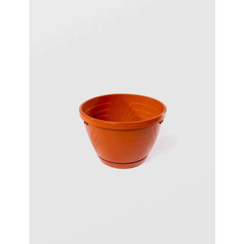 Barna műanyag virágcserep tálcával, 24x16 cm