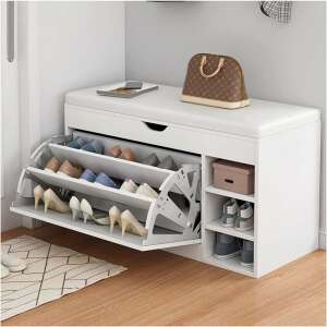 White shoe storage bench with cushioned seat, drawer, and shelves for shoes - Furniture