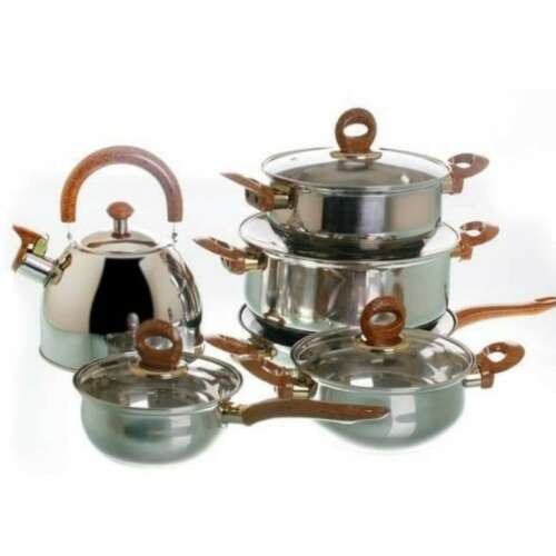 12 piece stainless steel cookware set with teapot, glass lids and wooden handles