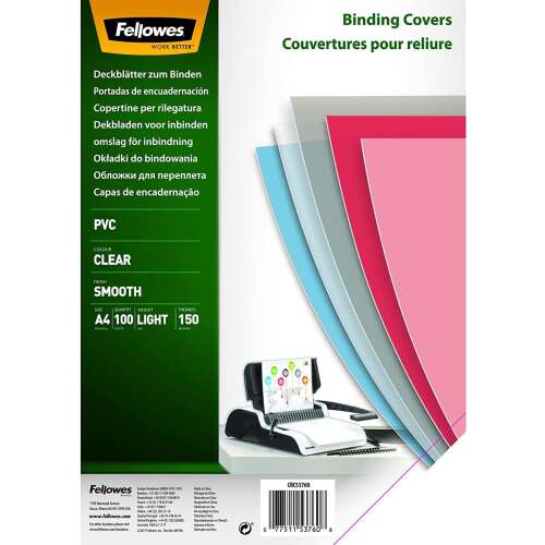 Fellowes A4 átlátszó spirálborítók, 100 db-os csomag, 150 mikron, sima, PVC