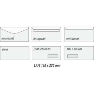 LA/4 110 x 220 mm borítékok különböző záródási típusokkal: enyvezett, öntapadó, szilikonos, sima, jobb ablakos, bal ablakos - Boríték