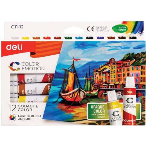 Deli Color Emotion Gouache festék készlet, 12 tubus, 12 ml-es, 12 különböző színben - Deli