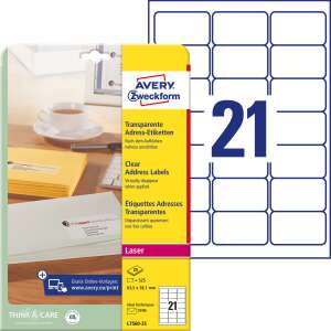 Avery Zweckform L7560-25 transparente Adressetiketten, 21 Etiketten pro Blatt, 25 Blätter pro Packung, für Laserdrucker - Schreibwaren für das Büro