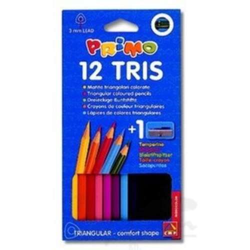 Primo 12 db-os háromszögű színes ceruza készlet hegyezővel, kényelmes forma