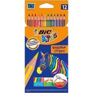 Bic Kids Evolution Stripes színes ceruza készlet, 12 db, biztonságos gyerekeknek, extra ellenálló, szuper szilárd, famentes, hatszög - Színes ceruza