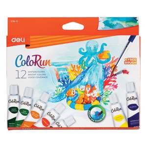 Deli ColoRun vízszeres festék készlet, 12 db tubus, 5 ml-es, 12 különböző szín, ingyenes ecsettel - Tempera