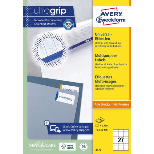 Avery Zweckform 3479 Ultragrip univerzális címkék, 70x32mm, 27 címke/ív, 100ív/doboz