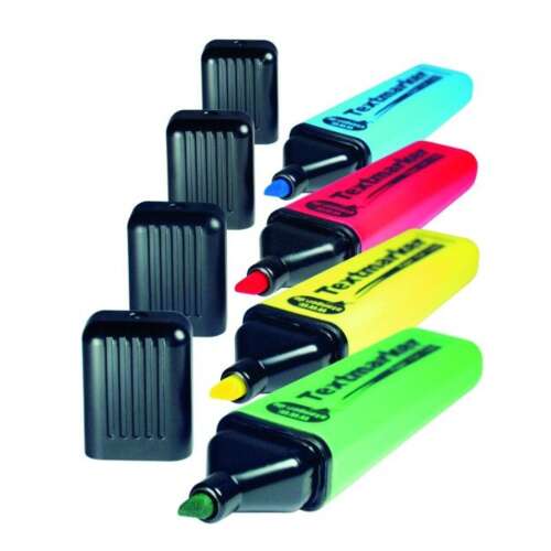 4 darabos Textmarker szövegkiemelő készlet vegyes színekben, köztük sárga, zöld, rózsaszín és kék