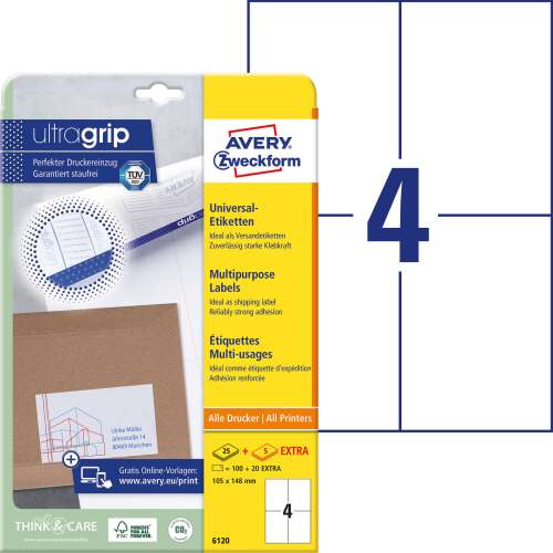 Avery Zweckform 6120 Ultragrip univerzális címkék, 4 címke/ív, 25 ív/csomag, 105x148mm