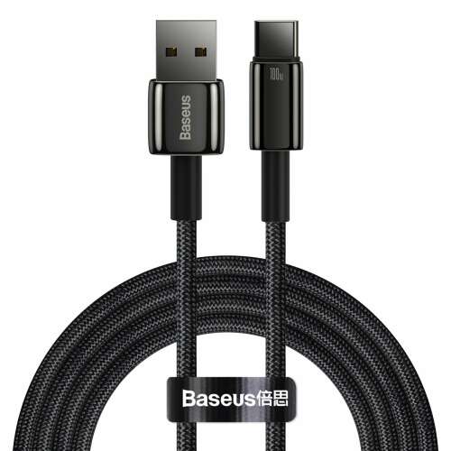 Kábel Baseus Tungsten Gold USB-A na USB-C, 100W, 2m, čierny, zvinutý