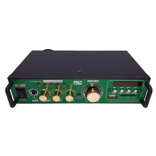 Wzmacniacz cyfrowy IdeallStore® BT-680 Experience, widok z przodu, 2x10W, Bluetooth, pilot zdalnego sterowania, USB, karta SD, mikrofon