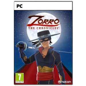 Zorro The Chronicles PC játék borítója, Zorro fekete kosztümben, piros köpennyel és karddal, csillagos éjszakai háttér előtt - Nacon