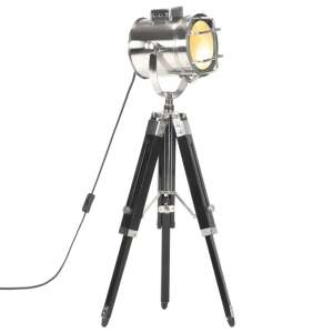 Lampă de podea cu trepied negru cu reflector argintiu, înălțime reglabilă, stil vintage - Lămpi de podea