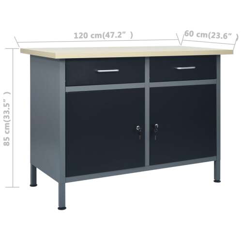 Fekete acél munkapad két fiókkal és két szekrénynyel, 120 x 60 x 85 cm, méretekkel - Munkaasztal