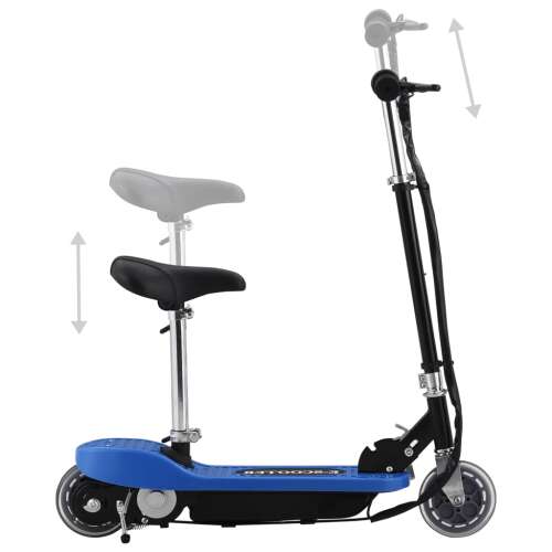 Blue electric scooter with adjustable seat and handlebars, 120W motor, 12 km/h speed