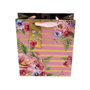 Large pink and gold striped gift bag with floral pattern - Art & Craft