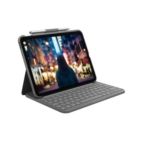 Logitech Slim Folio Tastaturhülle für iPad (10. Generation) - Grau - US, mit Apple Pencil-Halterung, im Schreibmodus