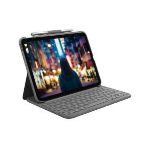 Logitech Slim Folio Keyboard Case for iPad (10th gen) - Grey - US, with Apple Pencil holder, in typing mode - Tablet Case