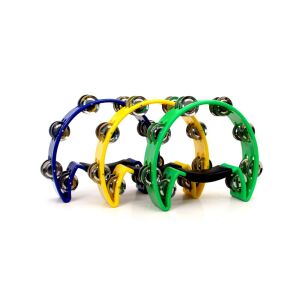 Mini musical hand rattle with 8 double jingles, 22 cm, blue, yellow and green - Toy Instrument