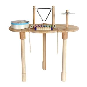 Fa Zenei Játékkészlet Asztallal - 9 Hangszer, wooden musical instrument set with table, including drum, agogo, cymbal, xylophone, and triangle - Toy Instrument