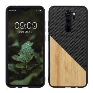 kwmobile Xiaomi Redmi Note 8 Pro wood and carbon fiber phone case on phone - Phone Case