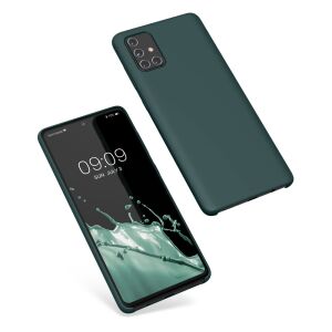 Kwmobile Samsung Galaxy A71 green silicone case on phone, angled view. - Phone Case