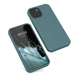 Etui silikonowe Kwmobile do Apple iPhone 13 Mini w kolorze zielonym, przedstawiające etui z dwóch perspektyw - Kontakty telefoniczne