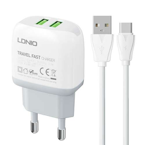 Fali töltő LDNIO A2219 2USB + USB-C kábel