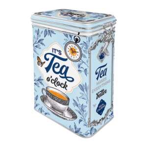 Classic Tea metal storage box with a blue and white design, featuring a teacup and teapot, perfect for storing tea leaves or other kitchen essentials. - Kitchen Storage Container