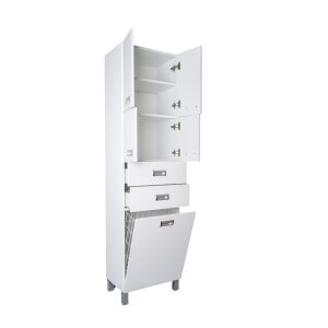 Viva STYLE magas fürdőszobai szekrény nyitott ajtókkal és szennyeskosárral, fehér - Viva Style