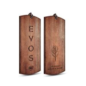 Evos wooden car air freshener, front and back view - K2